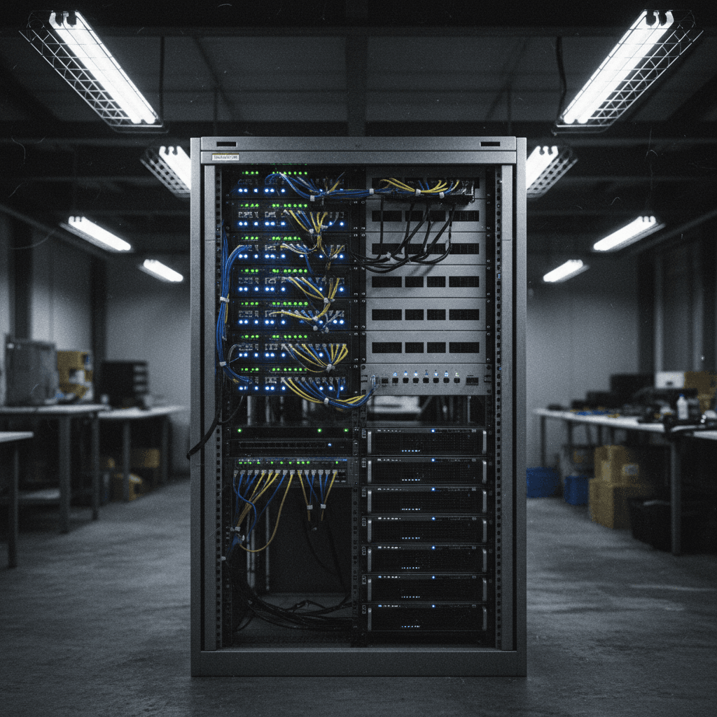 Server rack with organized cables in a workshop environment