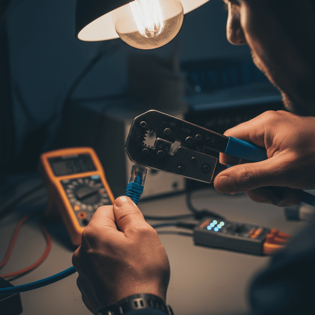 Technician crimping an ethernet cable in a workshop