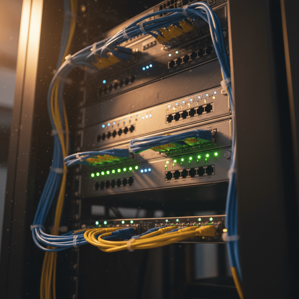 Server rack with organized network cables and indicator lights