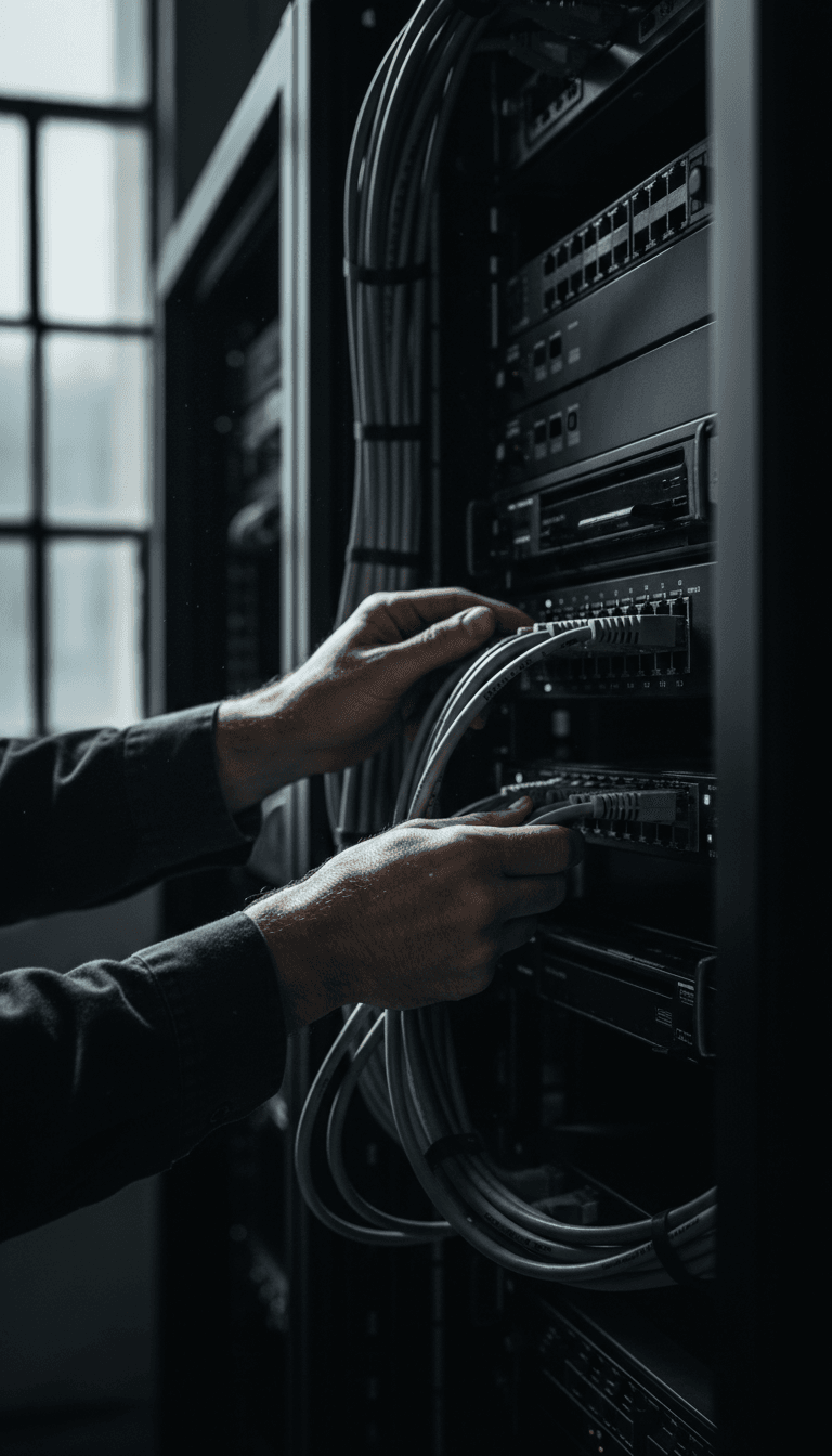 Hands connecting cables to a network patch panel