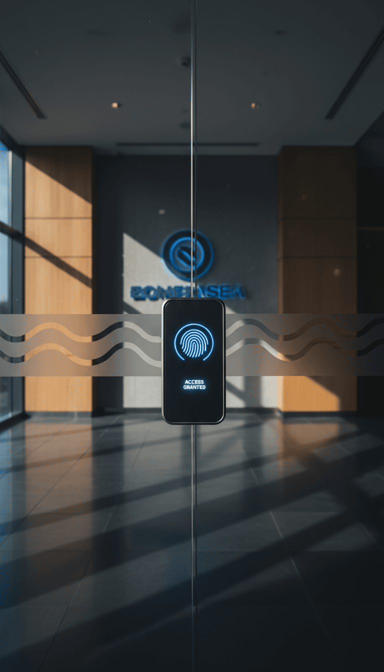 A biometric scanner mounted on a glass office door