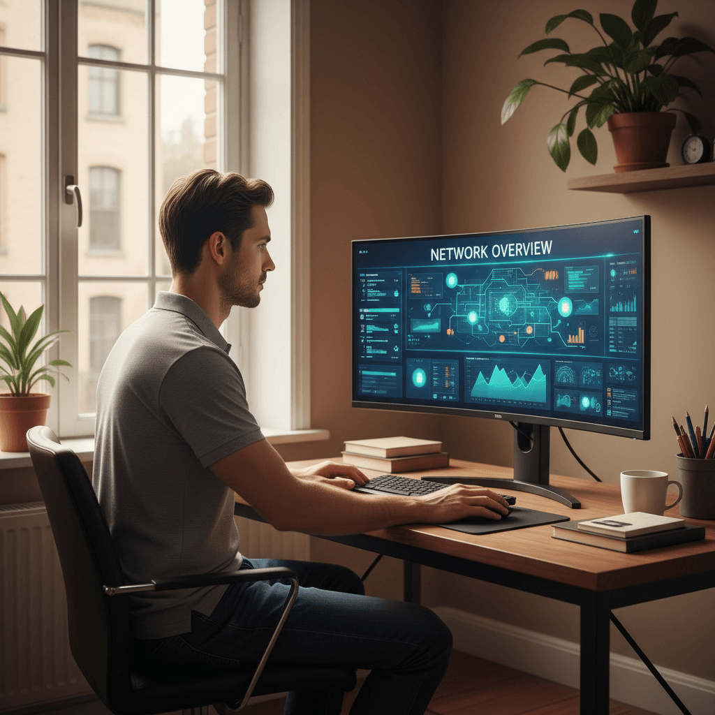 Technician monitoring a network dashboard in a small office