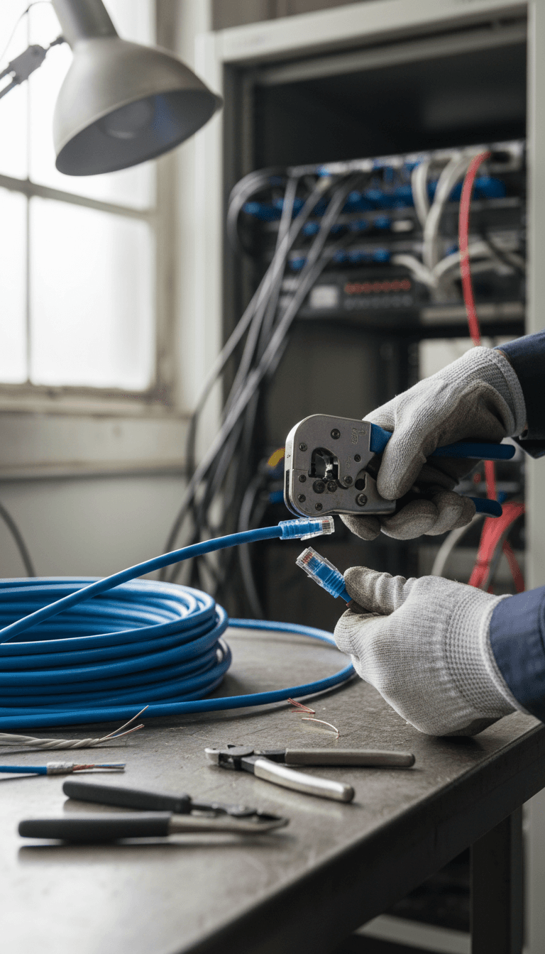 A technician's hands working with a cable connector on a workbench