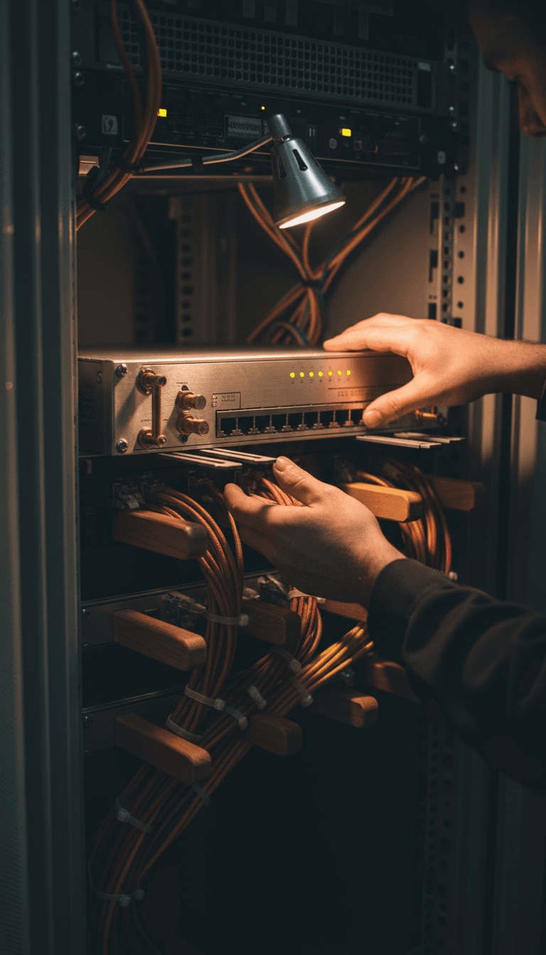 A technician installing a network switch into a server rack