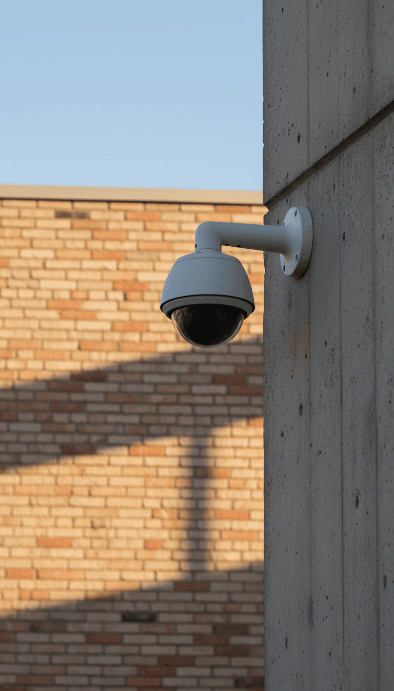 A CCTV camera mounted on a brick exterior wall