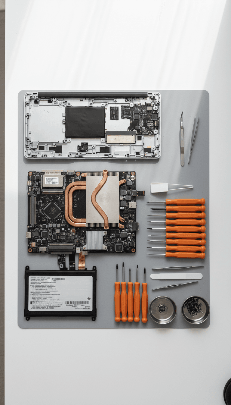 A disassembled laptop with components laid out on a work mat