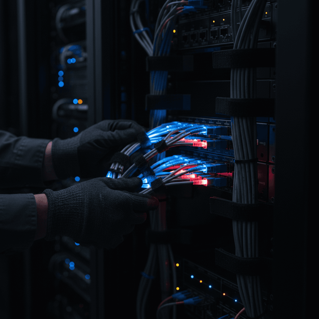 System engineer configuring network infrastructure and server equipment