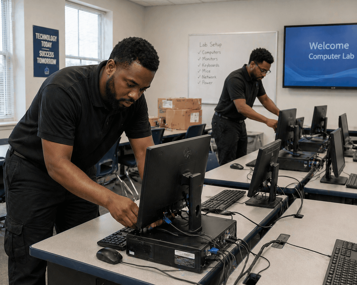Two men in black shirts setting up desktop computers in a school computer lab.