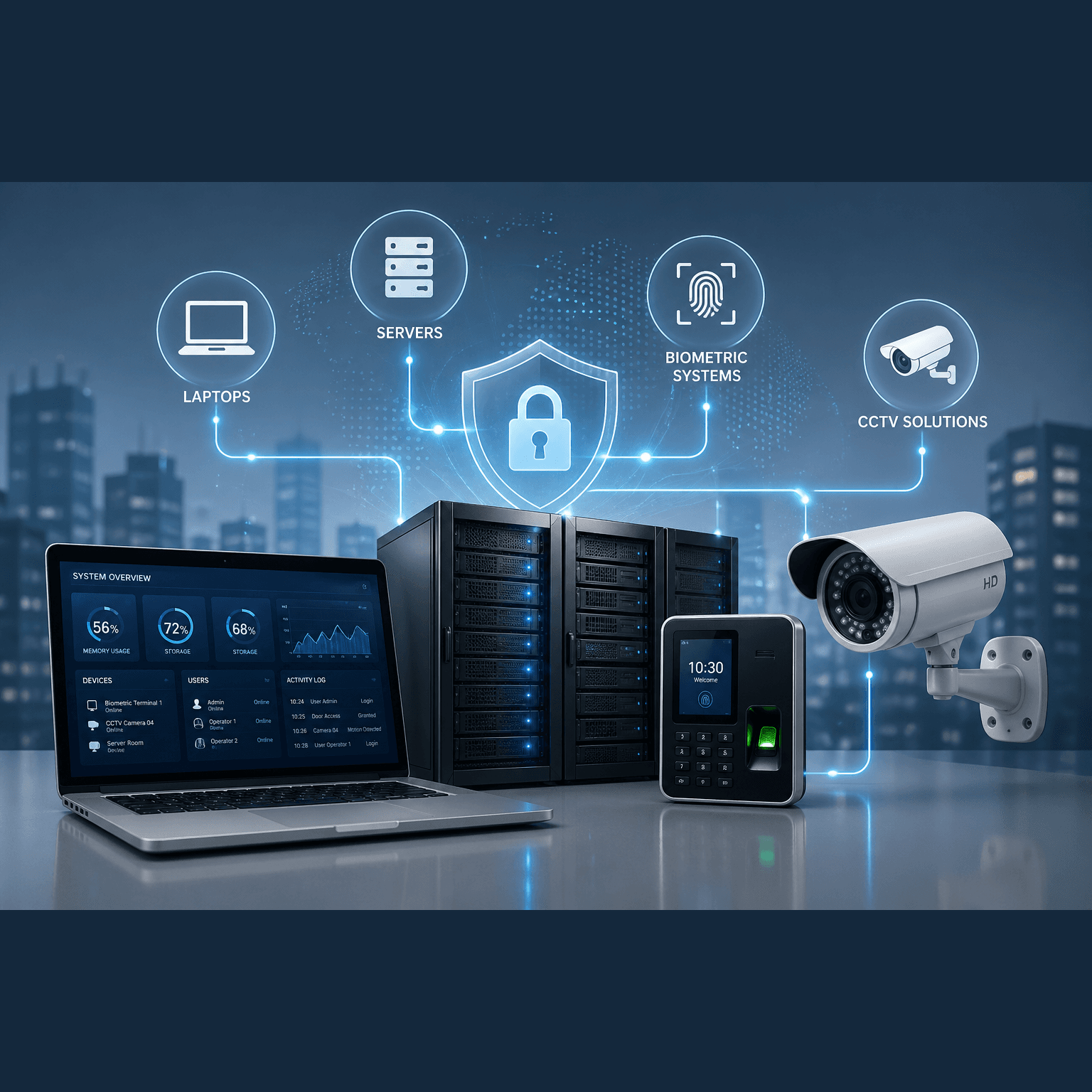 Laptop, server racks, biometric scanner, and CCTV camera integrated with glowing digital security icons.