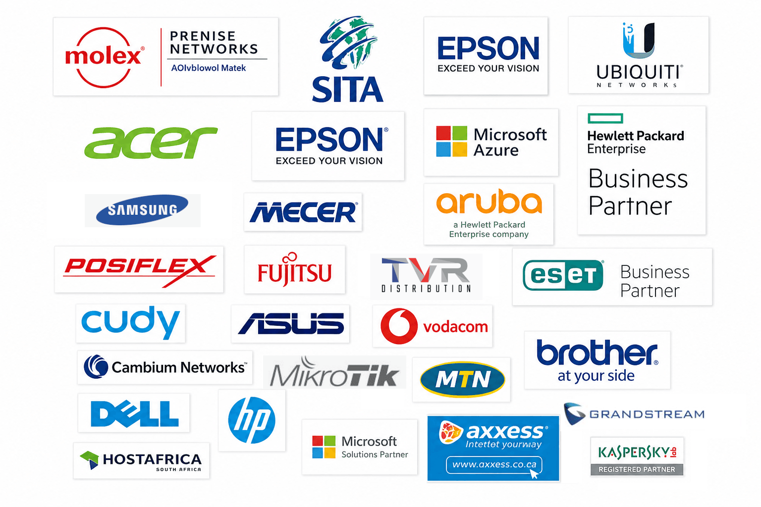 A collection of logos from various technology and telecommunications companies arranged in a grid.